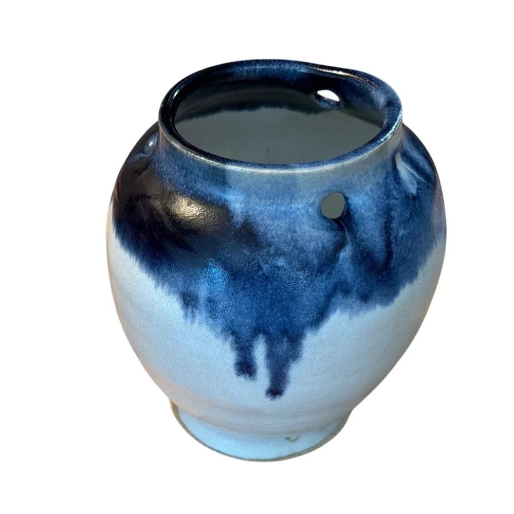 Studio Pottery Planter Blue White Drip Glaze Signed Unique Pottery